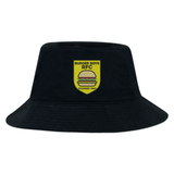 Black cotton twill Burger Boys RFC Crusher Bucket Cap with a "burger boys rfc, founded 1940" logo featuring a hamburger, displayed on a white background by EMB Alpha Broder.