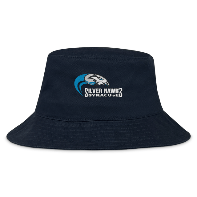 The Syracuse Silver Hawks Crusher Bucket Cap by EMB S&S Activewear is a navy cotton twill hat with a stylized hawk head and "Silver Hawks Syracuse" logo on the front, combining stylish sun protection with team spirit.