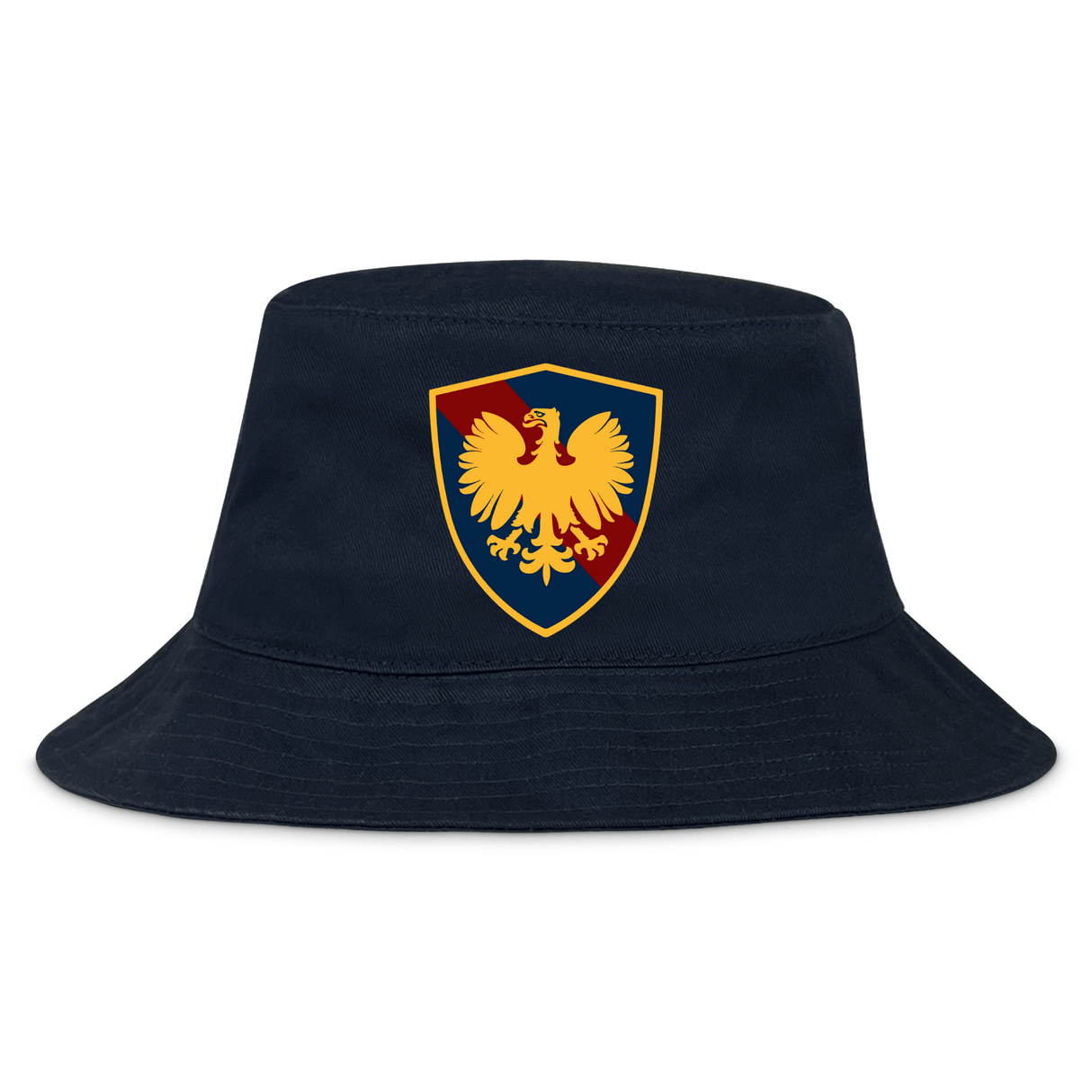 Cincinnati Classical Academy Crusher Bucket Cap in navy blue cotton twill with a red and gold crest featuring an eagle design on the front, by EMB Alpha Broder.