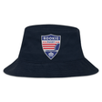 The Cincinnati Rookie Rugby Crusher Bucket Cap by EMB S&S Activewear features durable cotton twill in navy blue and a shield-shaped red, white, and blue "Rookie Rugby Cincinnati" logo on the front for classic style and sun protection.