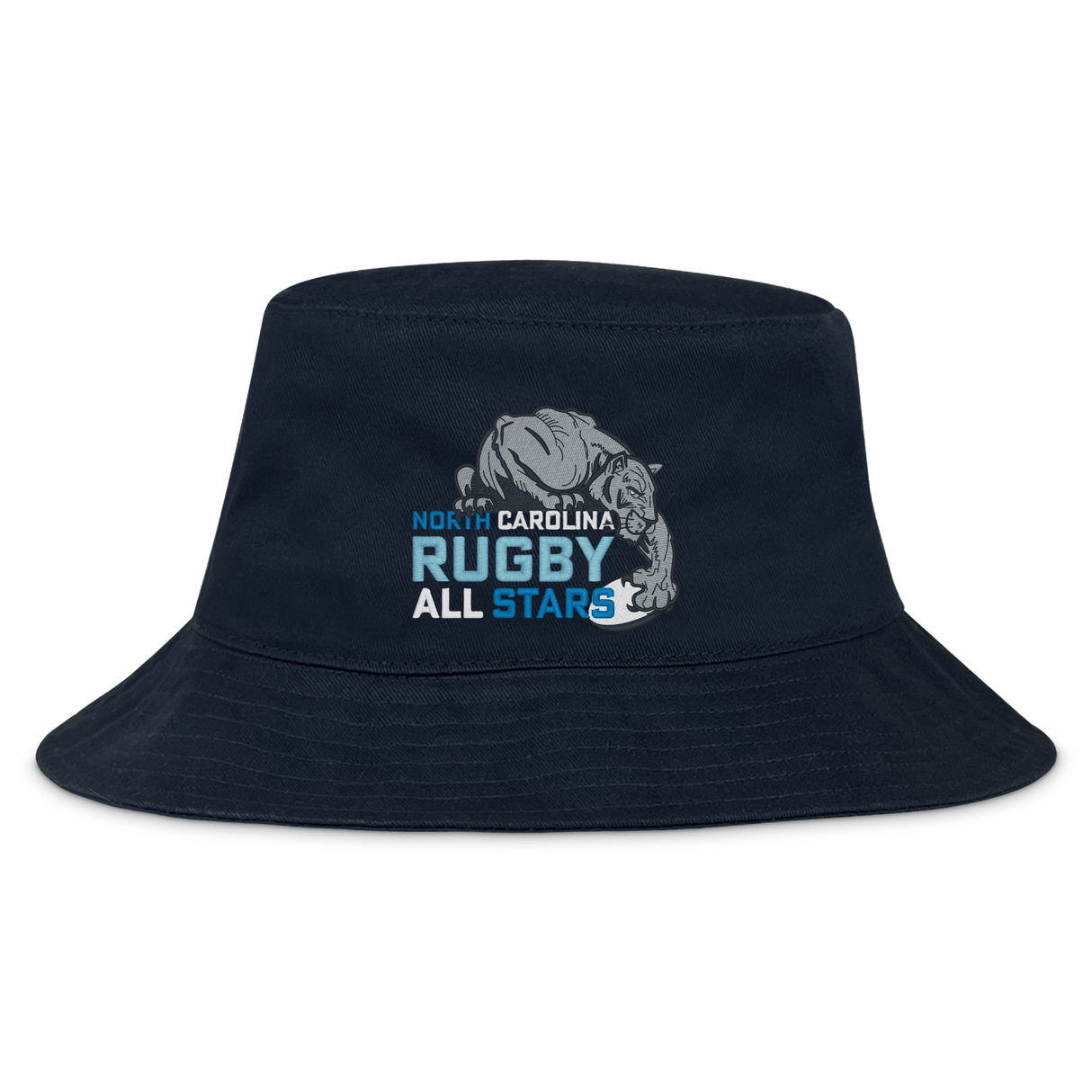 The NC All Stars Crusher Bucket Cap by EMB S&S Activewear is a navy blue cotton twill hat with a "North Carolina Rugby All Stars" logo and rhinoceros graphic, offering stylish sun protection.