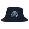 The NC All Stars Crusher Bucket Cap by EMB S&S Activewear is a navy blue cotton twill hat with a "North Carolina Rugby All Stars" logo and rhinoceros graphic, offering stylish sun protection.