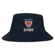 EMB Alpha Broder Navy blue cotton twill bucket hat featuring an embroidered crest with the text "dwight", "1972", and "rugby" along with a red lion emblem.