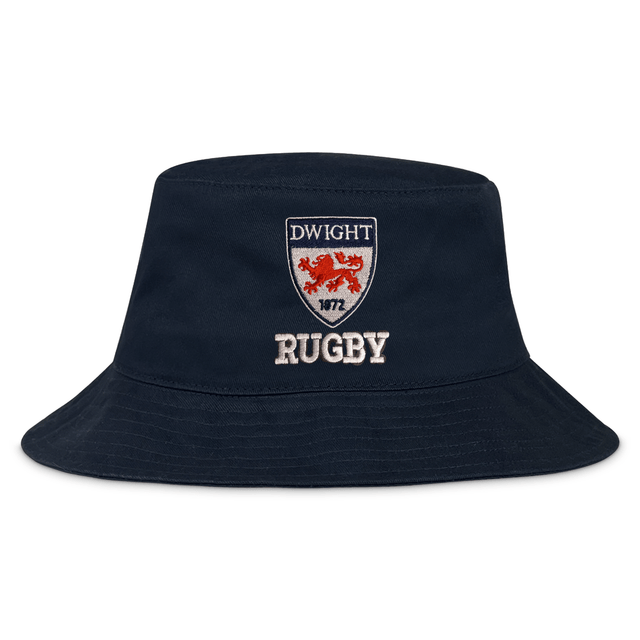 EMB Alpha Broder Navy blue cotton twill bucket hat featuring an embroidered crest with the text "dwight", "1972", and "rugby" along with a red lion emblem.