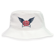 The University of Southern Indiana Crusher Bucket Cap by EMB S&S Activewear is a white cotton twill hat with a front "USI Rugby" wings logo, designed for excellent sun protection.