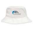 The Syracuse Silver Hawks Crusher Bucket Cap by EMB S&S Activewear is a white cotton twill hat with a stylized hawk head and blue accents, combining stylish "Silver Hawks Syracuse" branding with comfortable sun protection.
