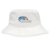 The Syracuse Silver Hawks Crusher Bucket Cap by EMB S&S Activewear is a white cotton twill hat with a stylized hawk head and blue accents, combining stylish "Silver Hawks Syracuse" branding with comfortable sun protection.