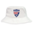 The Cincinnati Rookie Rugby Crusher Bucket Cap by EMB S&S Activewear features a shield logo with red and blue stripes on white cotton twill, offering stylish sun protection.