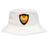 Cincinnati Classical Academy Crusher Bucket Cap with a shield emblem featuring a stylized gold eagle on a blue and red background by EMB Alpha Broder.