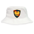 The Cincinnati Classical Academy Crusher Bucket Cap by EMB S&S Activewear is a white cotton twill hat with a shield emblem featuring a yellow eagle on blue and red, combining stylish design with sun protection.