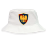Cincinnati Classical Academy Crusher Bucket Cap with a shield emblem featuring a stylized gold eagle on a blue and red background by EMB Alpha Broder.