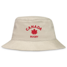 The EMB S&S Activewear Nations of Rugby Canada Rugby Crusher Bucket Hat is a beige cotton twill bucket hat with "Canada Rugby" and a red maple leaf embroidered on the front.