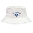 The EMB S&S Activewear Ireland Rugby 1875 Crusher Bucket Hat features white cotton twill, "Ireland Rugby" and "EST. 1875" in blue above a blue shield with three shamrocks. Ideal for any Ireland supporter!.