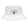 The EMB S&S Activewear Ireland Rugby 1875 Crusher Bucket Hat features white cotton twill, "Ireland Rugby" and "EST. 1875" in blue above a blue shield with three shamrocks. Ideal for any Ireland supporter!.