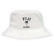 The EMB S&S Activewear Nations of Rugby Fiji Rugby Crusher Bucket Hat features white cotton twill with "FIJI RUGBY" and a palm tree graphic printed in black—an ideal pick for any rugby fan's hat collection.