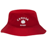 Show your team spirit with the Nations of Rugby Canada Rugby Crusher Bucket Hat by EMB S&S Activewear, featuring "CANADA RUGBY" and a white maple leaf graphic on red cotton twill.