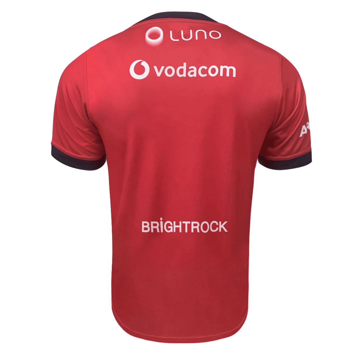 Back of red jersey with black collar and cuffs. Luno logo and vodacom logo upper back and brightrock logo lower back