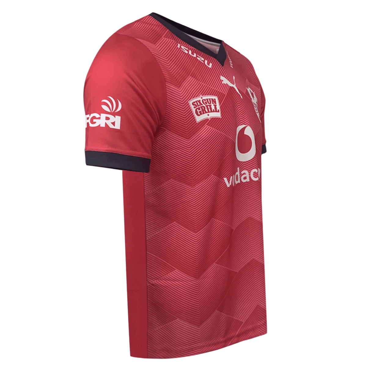 Side angle of red jersey showing front logos and arm sponosr