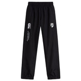 Cincinnati Wolfhounds Cuffed Hem Stadium Pant by Canterbury: Black track pants with an elastic waistband and cuffs, offering exceptional comfort and durability. Features two logos: one on the left thigh with "Canterbury of New Zealand" text, and one on the right thigh with a shield and text. Perfect as rugby pants for both play and leisure. Brand: EMB Canterbury.