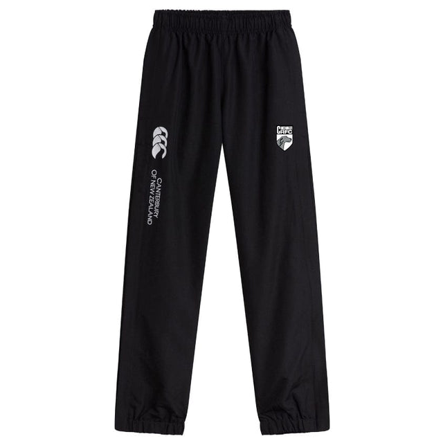 Cincinnati Wolfhounds Cuffed Hem Stadium Pant by Canterbury: Black track pants with an elastic waistband and cuffs, offering exceptional comfort and durability. Features two logos: one on the left thigh with "Canterbury of New Zealand" text, and one on the right thigh with a shield and text. Perfect as rugby pants for both play and leisure. Brand: EMB Canterbury.
