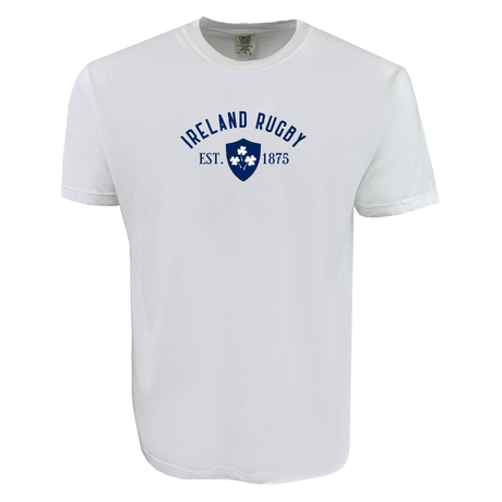 The WRS Alpha Broder Ireland Rugby Est 1875 Heavy Comfort Tee in white features a blue "Ireland Rugby Est. 1875" graphic and shamrock crest printed on the front.