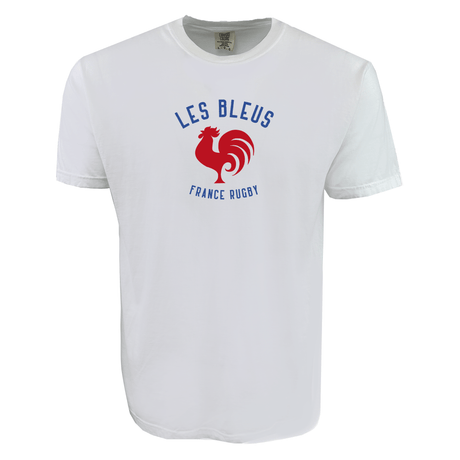The Les Bleus France Rugby Heavy Comfort Tee by WRS Alpha Broder is a white shirt featuring "LES BLEUS FRANCE RUGBY" and a bold red rooster graphic—ideal for any France Rugby fan.