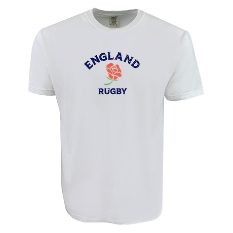 Support your team with the Nations of Rugby England Rugby Heavy Comfort Tee by WRS Alpha Broder, featuring "ENGLAND RUGBY" and a striking red rose graphic—perfect for fans of all nations.