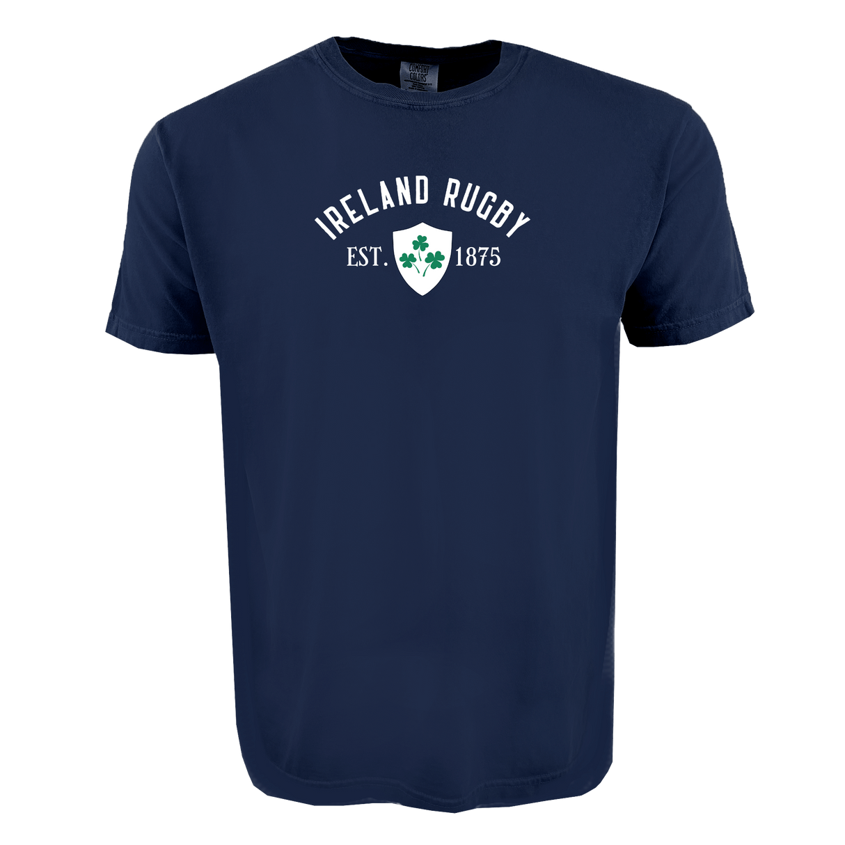 The WRS Alpha Broder Ireland Rugby Est 1875 Heavy Comfort Tee is navy blue with “Ireland Rugby Est. 1875” and a white shield featuring a green shamrock printed on the front.