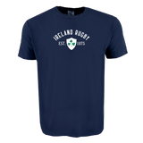 The WRS Alpha Broder Ireland Rugby Est 1875 Heavy Comfort Tee is navy blue with “Ireland Rugby Est. 1875” and a white shield featuring a green shamrock printed on the front.