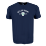 The WRS Alpha Broder Ireland Rugby Est 1875 Heavy Comfort Tee is navy blue with “Ireland Rugby Est. 1875” and a white shield featuring a green shamrock printed on the front.