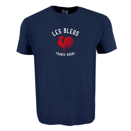The Les Bleus France Rugby Heavy Comfort Tee by WRS Alpha Broder features "LES BLEUS FRANCE RUGBY" and a red rooster on navy—ideal for devoted Les Bleus fans.