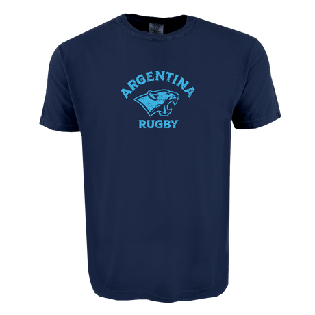 The WRS Alpha Broder Nations of Rugby Argentina Heavy Comfort Tee is a navy blue shirt with “Argentina Rugby” text and a light blue jaguar head logo—ideal for rugby fans who value comfort and team pride.