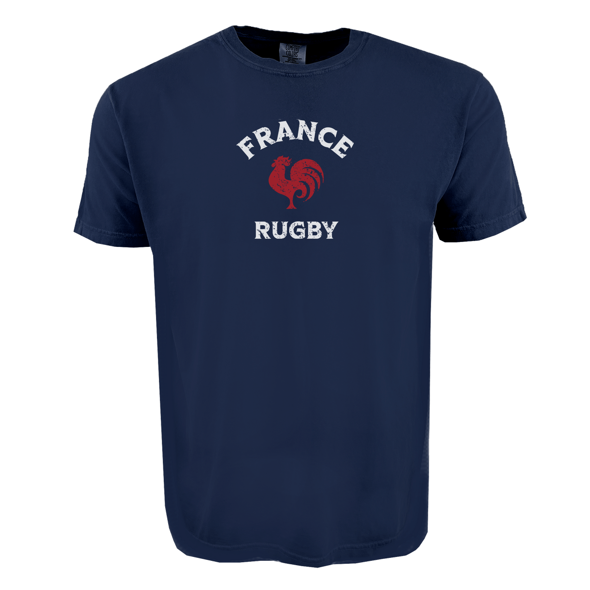 The WRS Alpha Broder Nations of Rugby France Rugby Heavy Comfort Tee features "FRANCE RUGBY" and a red rooster graphic—ideal apparel for rugby fans seeking game day comfort.