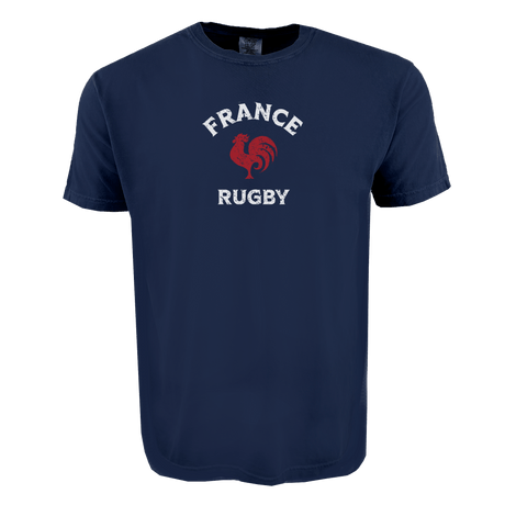 The WRS Alpha Broder Nations of Rugby France Rugby Heavy Comfort Tee features "FRANCE RUGBY" and a red rooster graphic—ideal apparel for rugby fans seeking game day comfort.
