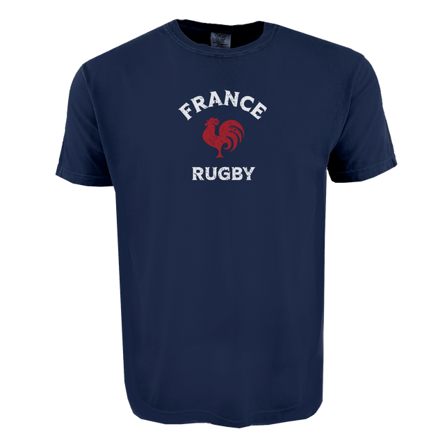 The WRS Alpha Broder Nations of Rugby France Rugby Heavy Comfort Tee features "FRANCE RUGBY" and a red rooster graphic—ideal apparel for rugby fans seeking game day comfort.