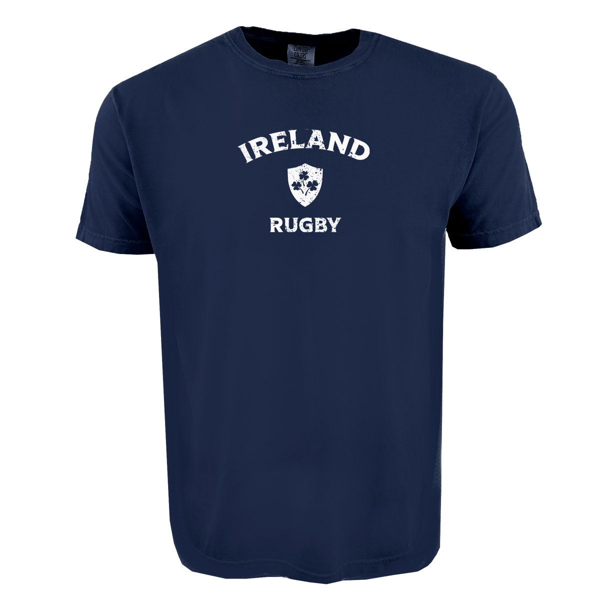 The Nations of Rugby Ireland Heavy Comfort Tee by WRS Alpha Broder is crafted from premium USA cotton in navy blue, featuring “Ireland Rugby” and a white shamrock shield—ideal for passionate rugby supporters.