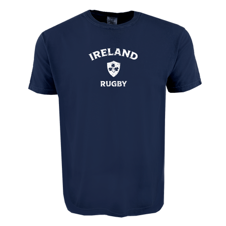 The Nations of Rugby Ireland Heavy Comfort Tee by WRS Alpha Broder is crafted from premium USA cotton in navy blue, featuring “Ireland Rugby” and a white shamrock shield—ideal for passionate rugby supporters.