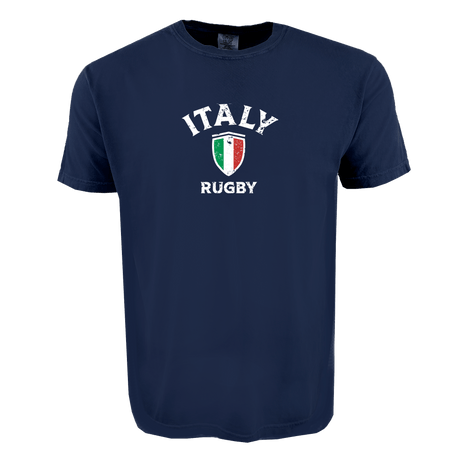 The Nations of Rugby Italy Heavy Comfort Tee by WRS Alpha Broder is a navy t-shirt made from ring-spun USA cotton, featuring "Italy Rugby" and an Italian flag shield on the front for lasting comfort and style.