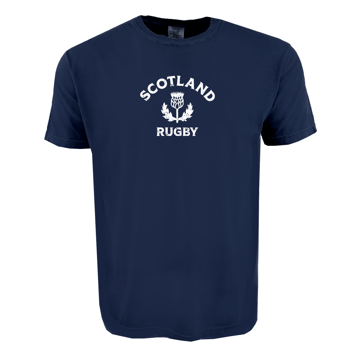 The WRS Alpha Broder Nations of Rugby Scotland Heavy Comfort Tee showcases "Scotland Rugby" and a white thistle graphic on navy—ideal for devoted rugby fans.