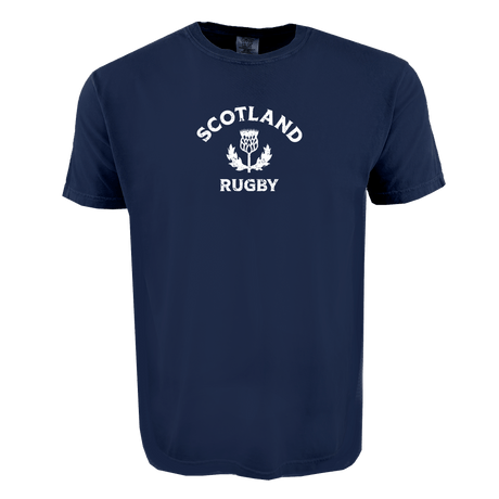 The WRS Alpha Broder Nations of Rugby Scotland Heavy Comfort Tee showcases "Scotland Rugby" and a white thistle graphic on navy—ideal for devoted rugby fans.