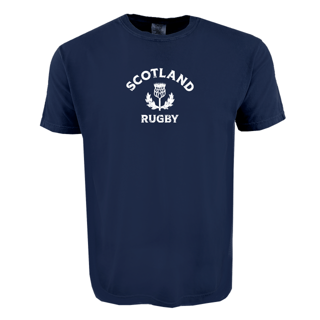 The WRS Alpha Broder Nations of Rugby Scotland Heavy Comfort Tee showcases "Scotland Rugby" and a white thistle graphic on navy—ideal for devoted rugby fans.