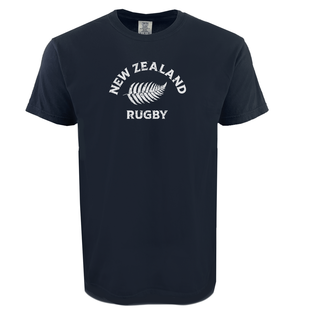 The WRS Alpha Broder Nations of Rugby New Zealand Heavy Comfort Tee is a black premium USA cotton shirt with white "New Zealand Rugby" text and a silver fern leaf illustration at the center.