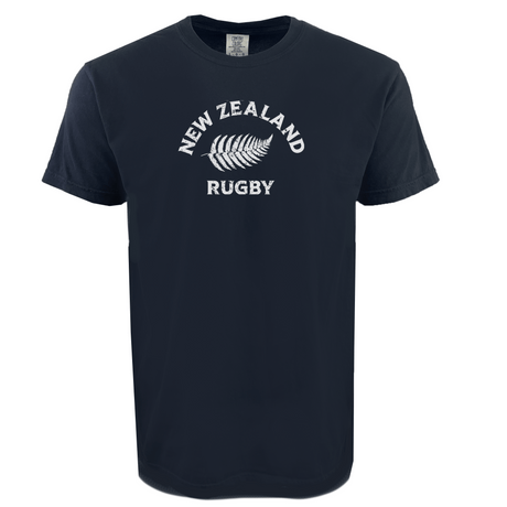 The WRS Alpha Broder Nations of Rugby New Zealand Heavy Comfort Tee is a black premium USA cotton shirt with white "New Zealand Rugby" text and a silver fern leaf illustration at the center.