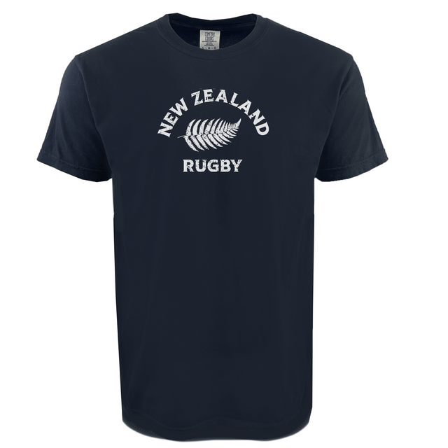 The WRS Alpha Broder Nations of Rugby New Zealand Heavy Comfort Tee is a black premium USA cotton shirt with white "New Zealand Rugby" text and a silver fern leaf illustration at the center.