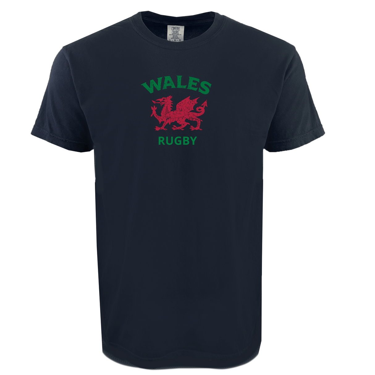 The WRS Alpha Broder Nations of Rugby Wales Heavy Comfort Tee, in navy and soft USA cotton, features "WALES RUGBY" in green with a red Welsh dragon at the center.