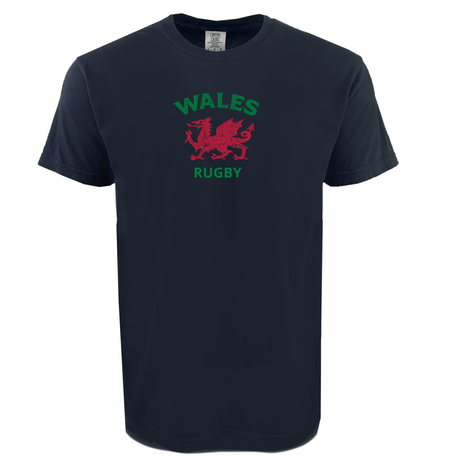 The WRS Alpha Broder Nations of Rugby Wales Heavy Comfort Tee, in navy and soft USA cotton, features "WALES RUGBY" in green with a red Welsh dragon at the center.