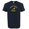 The WRS Alpha Broder Nations of Rugby South Africa Heavy Comfort Tee is a navy blue shirt featuring "SOUTH AFRICA RUGBY" and a bold yellow springbok graphic on the front.