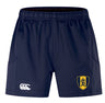 Navy blue Gotham Knights Advantage Shorts 2.0 by EMB Canterbury, featuring a crest with a lion emblem on the right leg and a manufacturer's logo on the left leg. These Advantage Shorts 2.0 are crafted as part of our sustainable sportswear line.