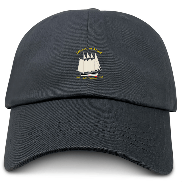 The Cal Maritime Rugby Adult Low-Profile Cotton Twill Dad Cap by EMB S&S Activewear is a classic black hat with embroidered team branding: a white sailing ship, yellow text, and the years 1937 and 1986 on the front.