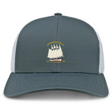 The Cal Maritime Rugby Retro Trucker Cap by EMB S&S Activewear features a gray and white mesh back, embroidered sailboat, yellow "Coll. Maritime P.M.P.C. S/Y Padua 1927" text, and an adjustable snapback closure for a retro look.